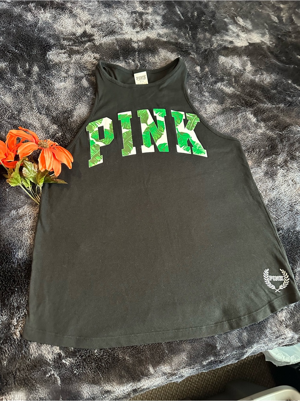 PINK Victoria's Secret Black Tank with Green Leaf Logo